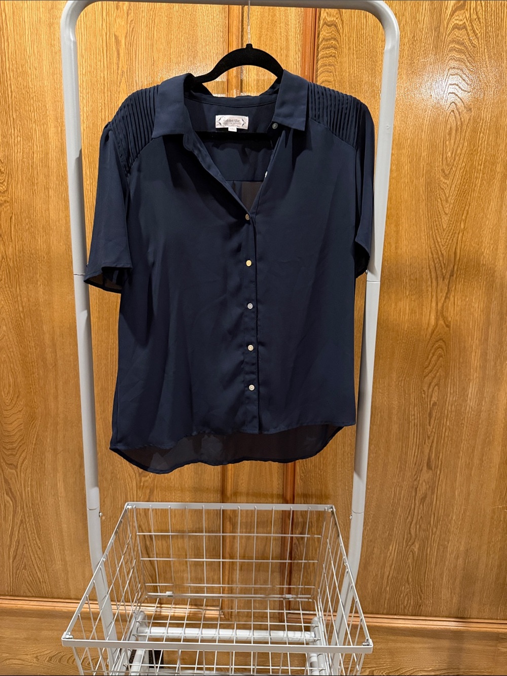 Nanette Lepore Navy Short-Sleeve Button-Down Blouse with Pleated Shoulders